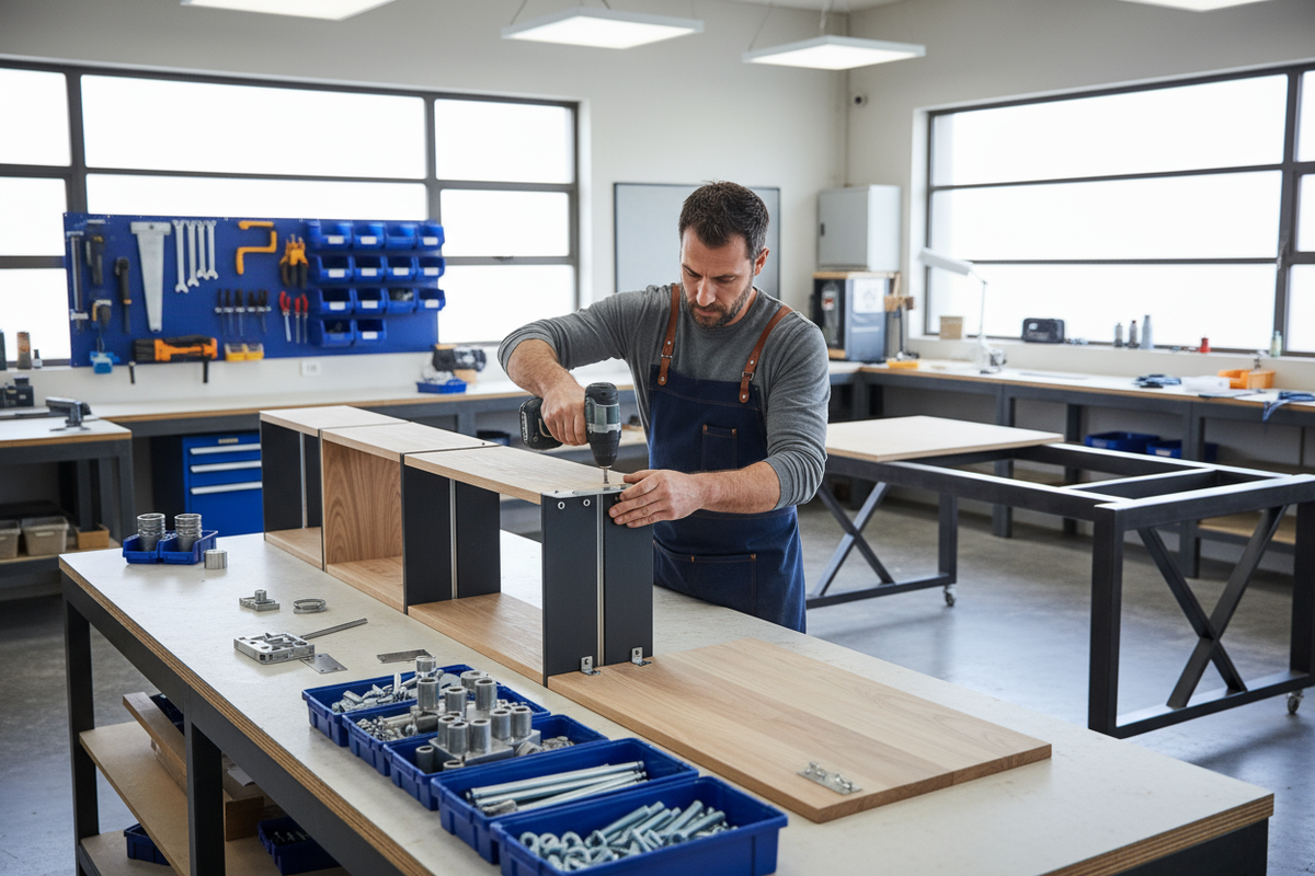 profesional armando muebles modernos con herrajes. el ambiente no tiene que ser muy cálido ni atardecer. que sea combinable con el color #004AD0